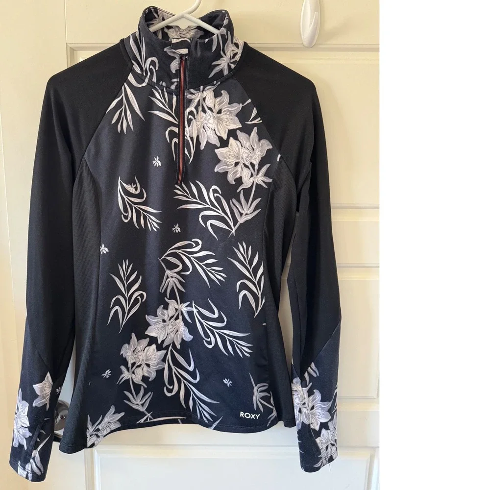 Roxy sz M Womens Black Floral Swim Rash Sun Gaurd Beach Outdoor Travel Vacation
